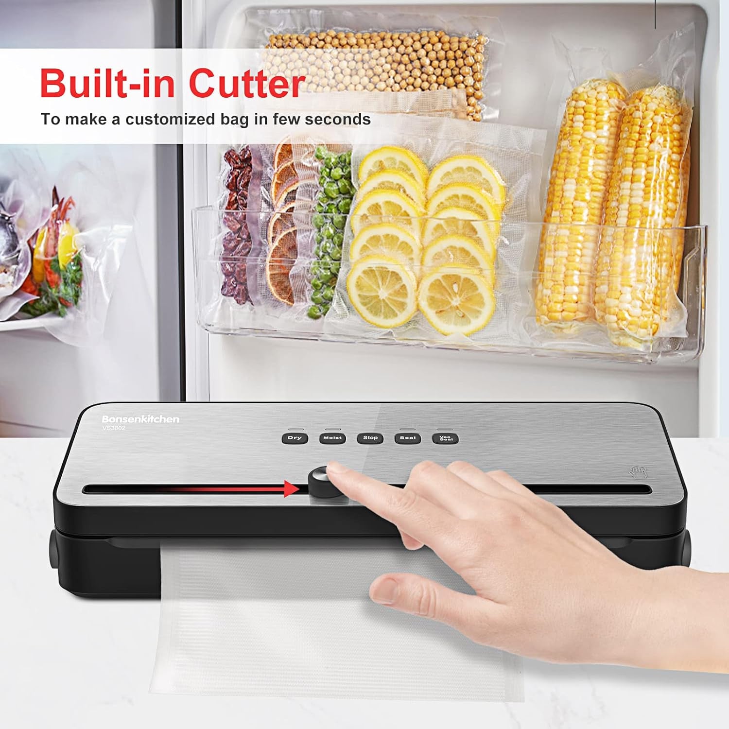 Vacuum Packing Machine for Foods, Vacuum Sealer with Built-In Cutter for Both Wet and Dry Foods, Vacuum Roll Bags Included