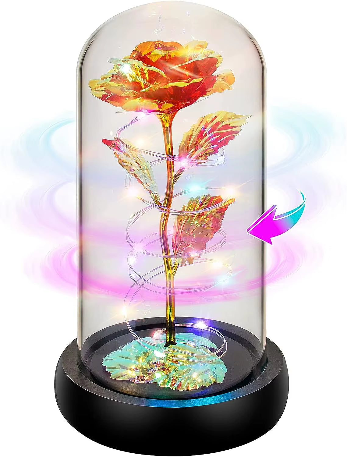 Rose Flower Colorful Rainbow Artificial Flower Rose Light up Rose in a Glass Dome Gifts for Women Birthday Valentines Anniversar