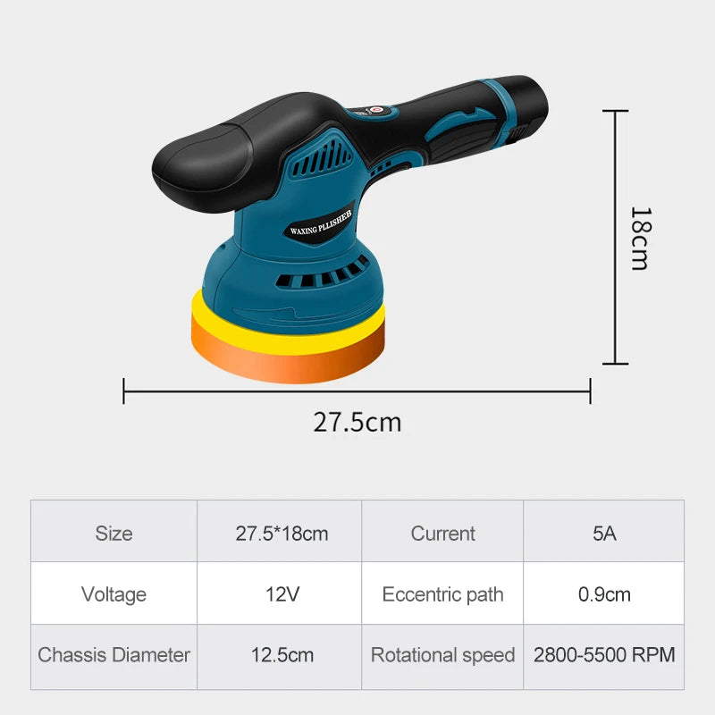 12V Wireless Car Polisher – 2800-5500 RPM, Cordless with 8 Variable Speeds. 