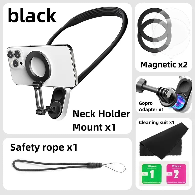 Magnetic Neck Holder Mount Necklace – Hands-Free POV for iPhone 11-15 & Android. Secure, Convenient, and Perfect for On-the-Go Content Creation.