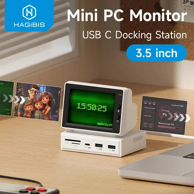 Hagibis 3.5" IPS Mini Screen – AIDA64 Data Monitor for CPU, RAM, HDD with USB-C Hub for Laptop, PC, and MacBook