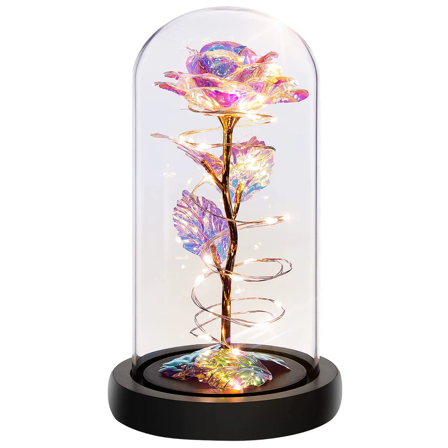 Rose Flower Colorful Rainbow Artificial Flower Rose Light up Rose in a Glass Dome Gifts for Women Birthday Valentines Anniversar