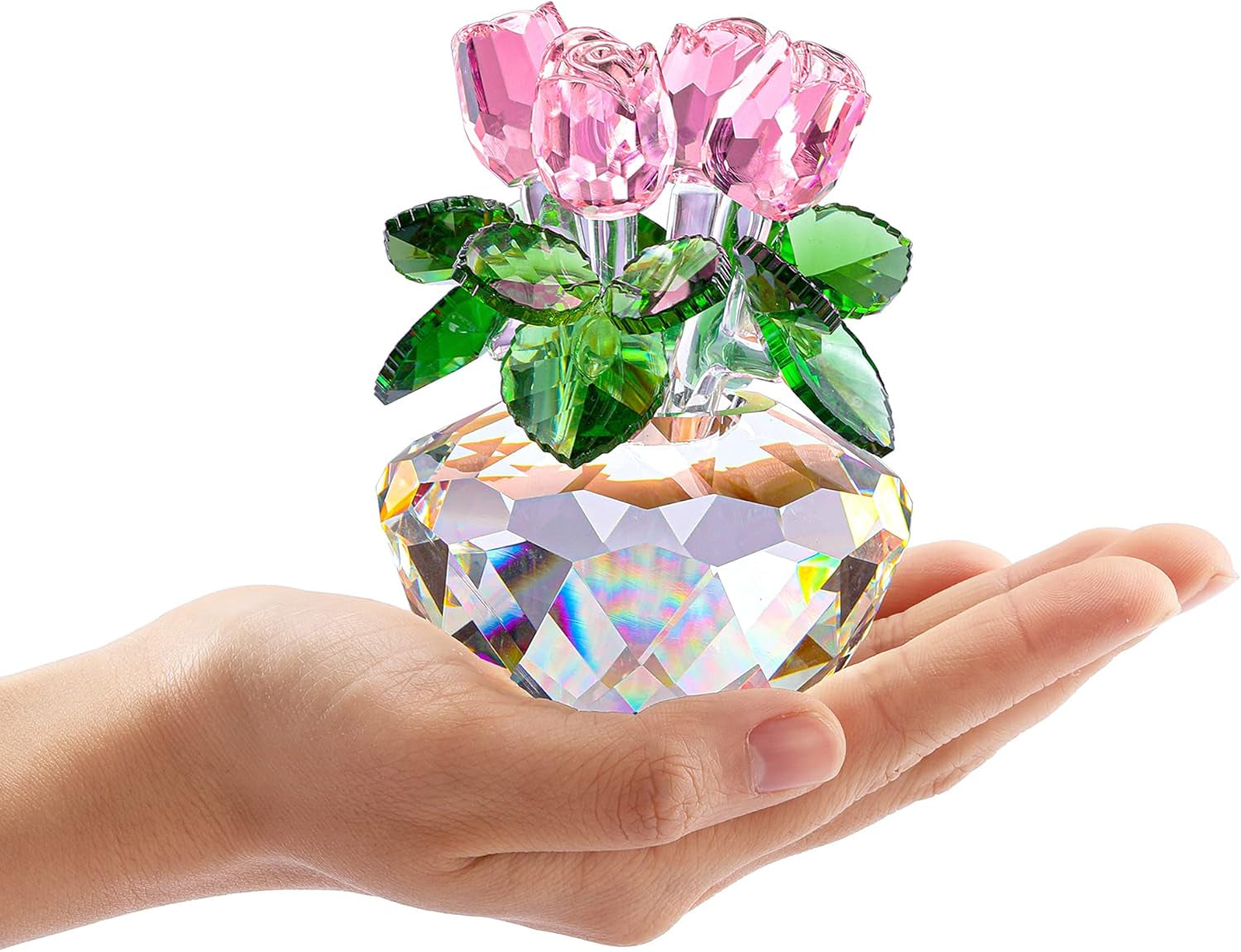 Crystal Rose Flower for Mom Pink Crystal Rose Bouquet Glass Ornament for Home Desk Decor Christmas Birthday Gift Collectible