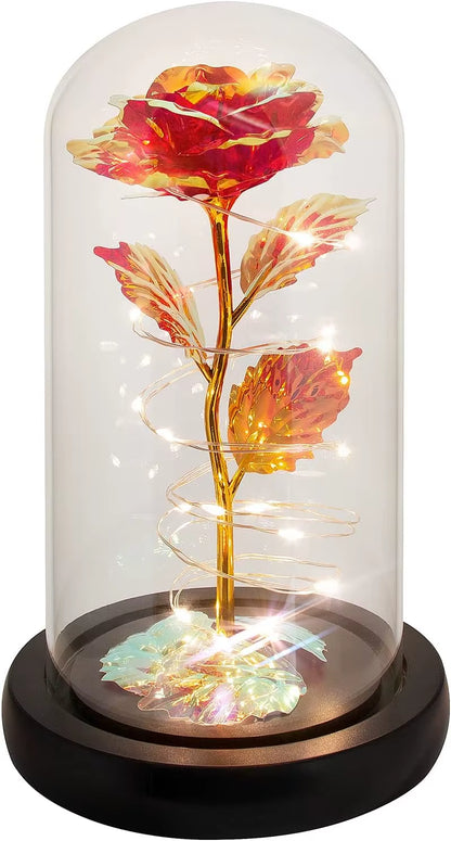 Rose Flower Colorful Rainbow Artificial Flower Rose Light up Rose in a Glass Dome Gifts for Women Birthday Valentines Anniversar