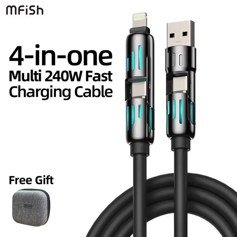 Usb、Type C, Lightning-Max 240W Fast Charging and Data Sync  4-In-1 Multi-Function USB Charging Cable for Iphone 16/15, Ipad