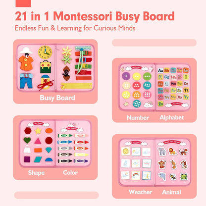 Toddler Busy Board, Montessori Toys for 1 2 3 Year Old Girl Birthday Gifts - Educational Busy Book, Kids Sensory Toy, Preschool Learning Activities and Travel Toys for Toddlers 1-3 2-4