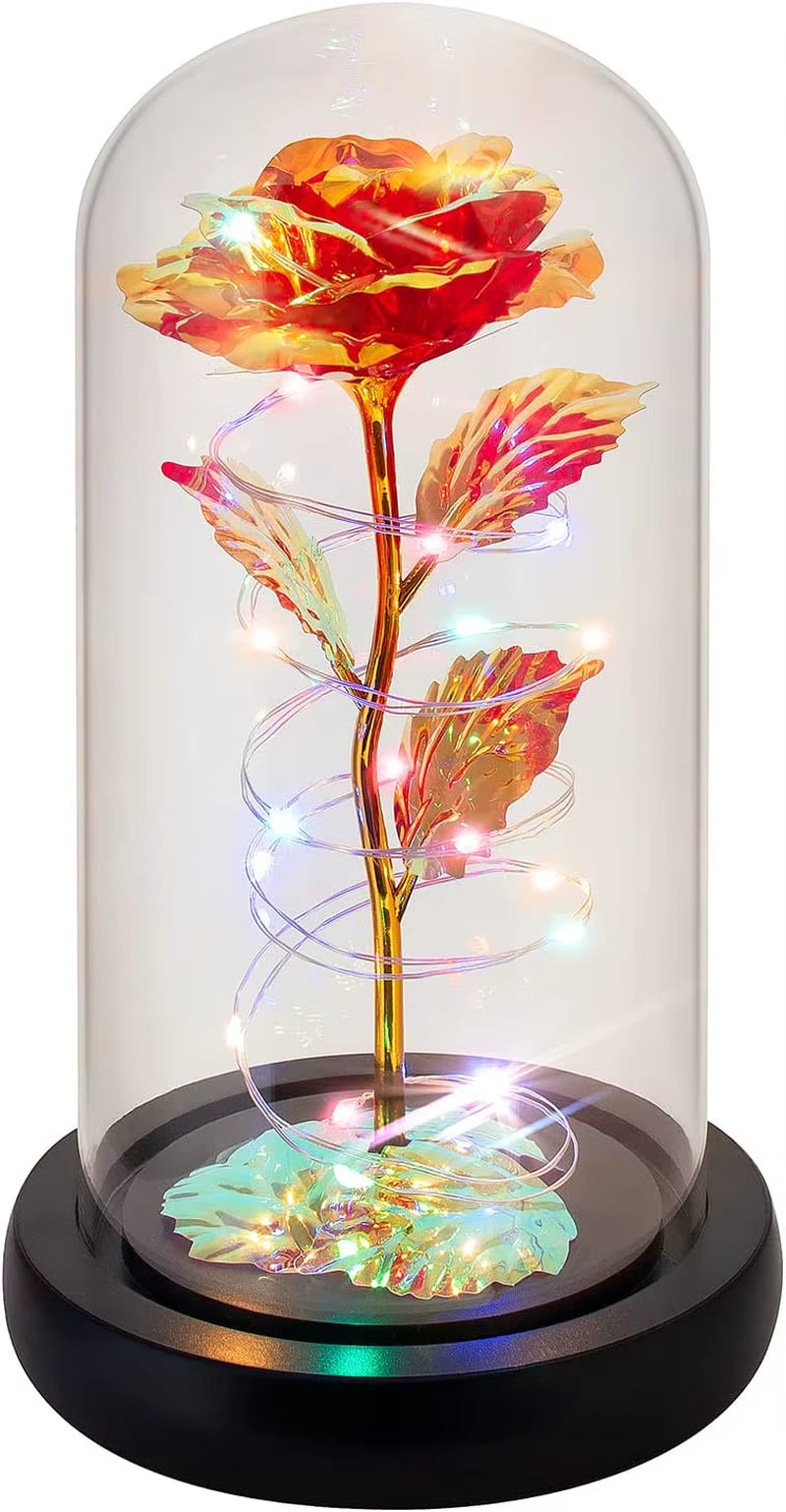 Rose Flower Colorful Rainbow Artificial Flower Rose Light up Rose in a Glass Dome Gifts for Women Birthday Valentines Anniversar