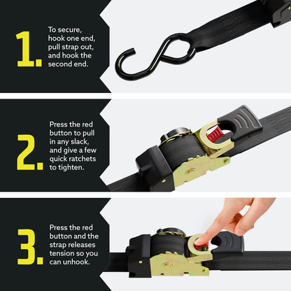 DC Cargo - Retractable Ratchet Strap, 4 Pack (1 Inch X 6 Feet) - Heavy Duty Tie down Retractable Ratchet Straps - Easy Self Contained Black Ratchet Strap Tie Downs for Trailers, Vehicles, Boat