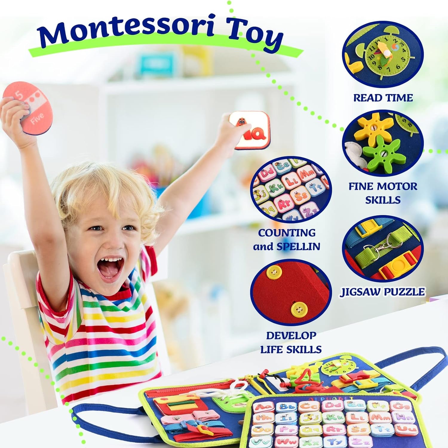 Busy Board Montessori Toys for 1 2 3 4 Year Old, Toddler Toys, Sensory Toys Preschool Learning Toys Gifts for Toddlers, Autism Toys, Educational Travel Toy for Fine Motor Skills