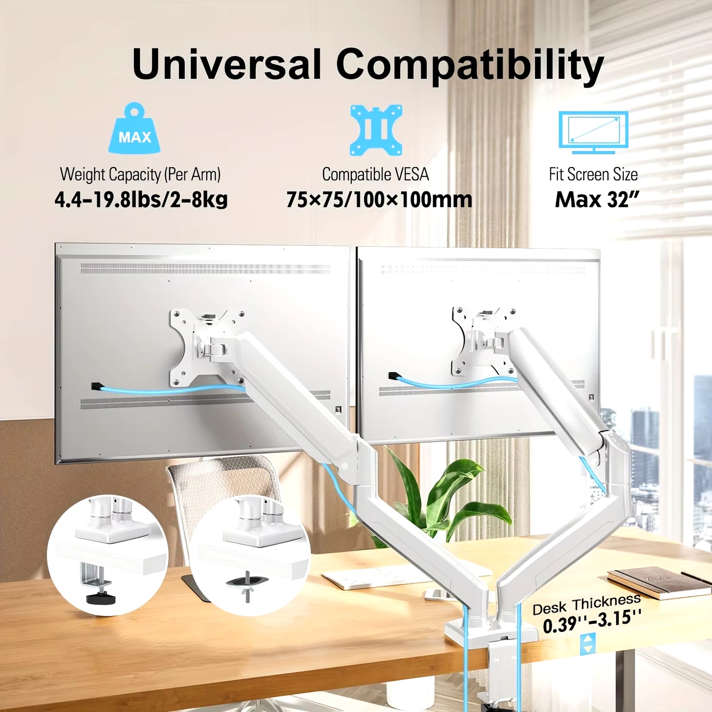 Monitor Stand for 13-32 Inches Screens, Dual Monitor Mount Gas Spring, Dual Monitor Arm Full Motion Adjustable