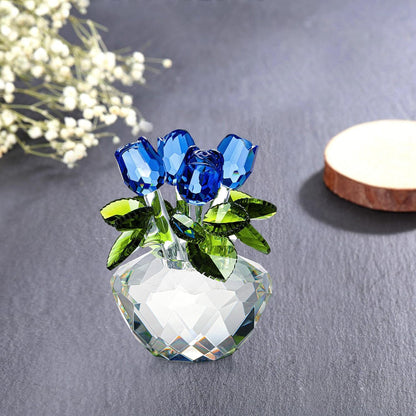 Crystal Rose Flower Figurine Valentines Day Gift for Her Blue Crystal Rose Bouquet Glass Ornament for Home Desk Decor Christmas Birthday Gift Collectible