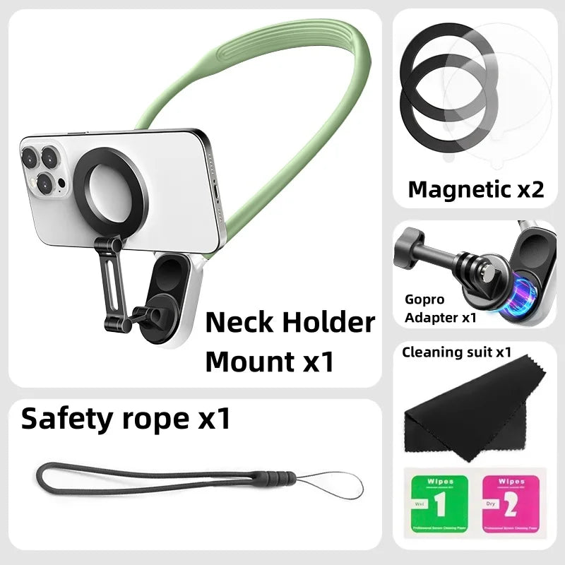 Magnetic Neck Holder Mount Necklace – Hands-Free POV for iPhone 11-15 & Android. Secure, Convenient, and Perfect for On-the-Go Content Creation.