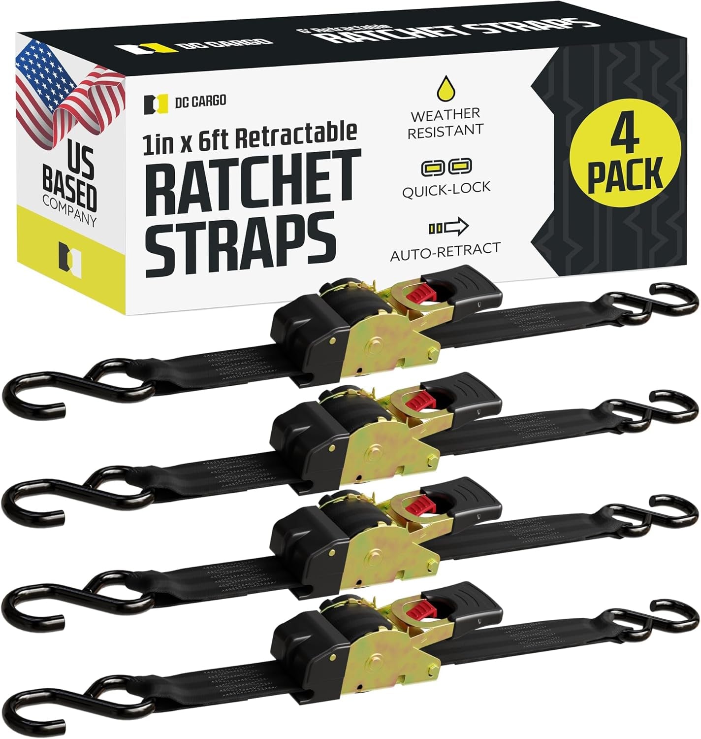 DC Cargo - Retractable Ratchet Strap, 4 Pack (1 Inch X 6 Feet) - Heavy Duty Tie down Retractable Ratchet Straps - Easy Self Contained Black Ratchet Strap Tie Downs for Trailers, Vehicles, Boat