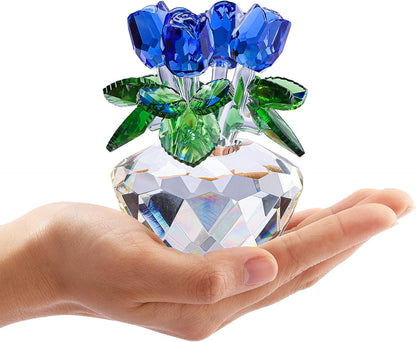 Crystal Rose Flower Figurine Valentines Day Gift for Her Blue Crystal Rose Bouquet Glass Ornament for Home Desk Decor Christmas Birthday Gift Collectible