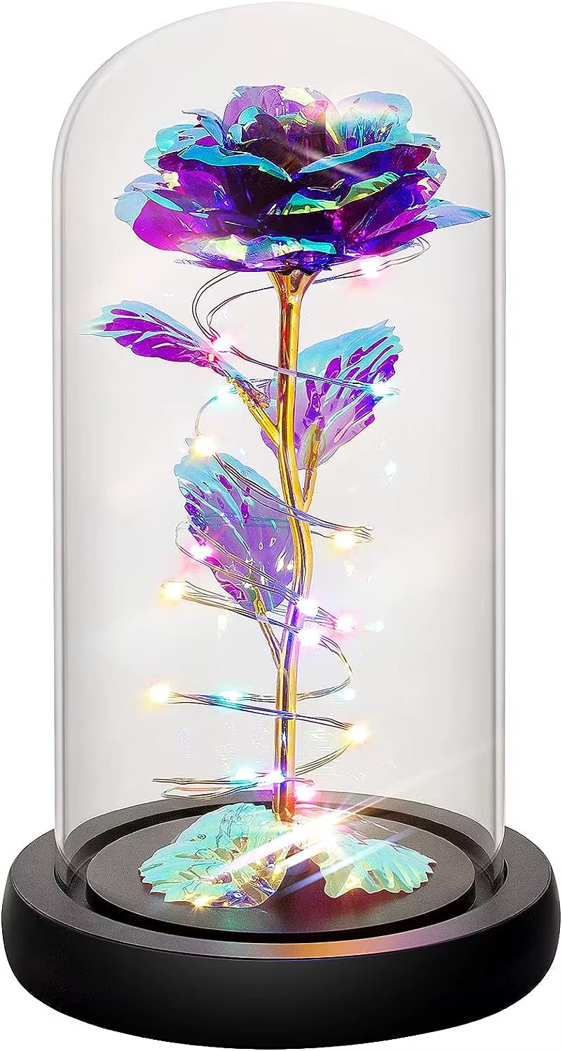 Rose Flower Colorful Rainbow Artificial Flower Rose Light up Rose in a Glass Dome Gifts for Women Birthday Valentines Anniversar