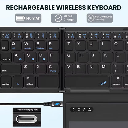 Portable Quadruple Folding Wireless Bluetooth Keyboard with Touchpad