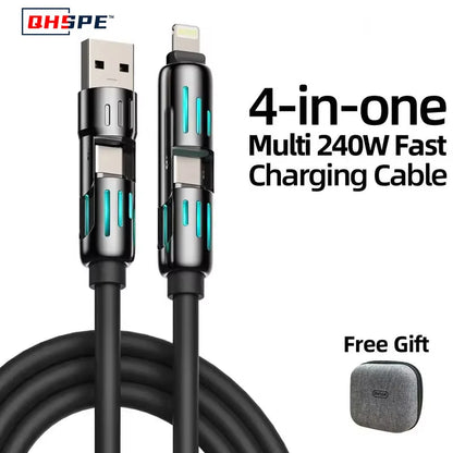 Usb、Type C, Lightning-Max 240W Fast Charging and Data Sync  4-In-1 Multi-Function USB Charging Cable for Iphone 16/15, Ipad