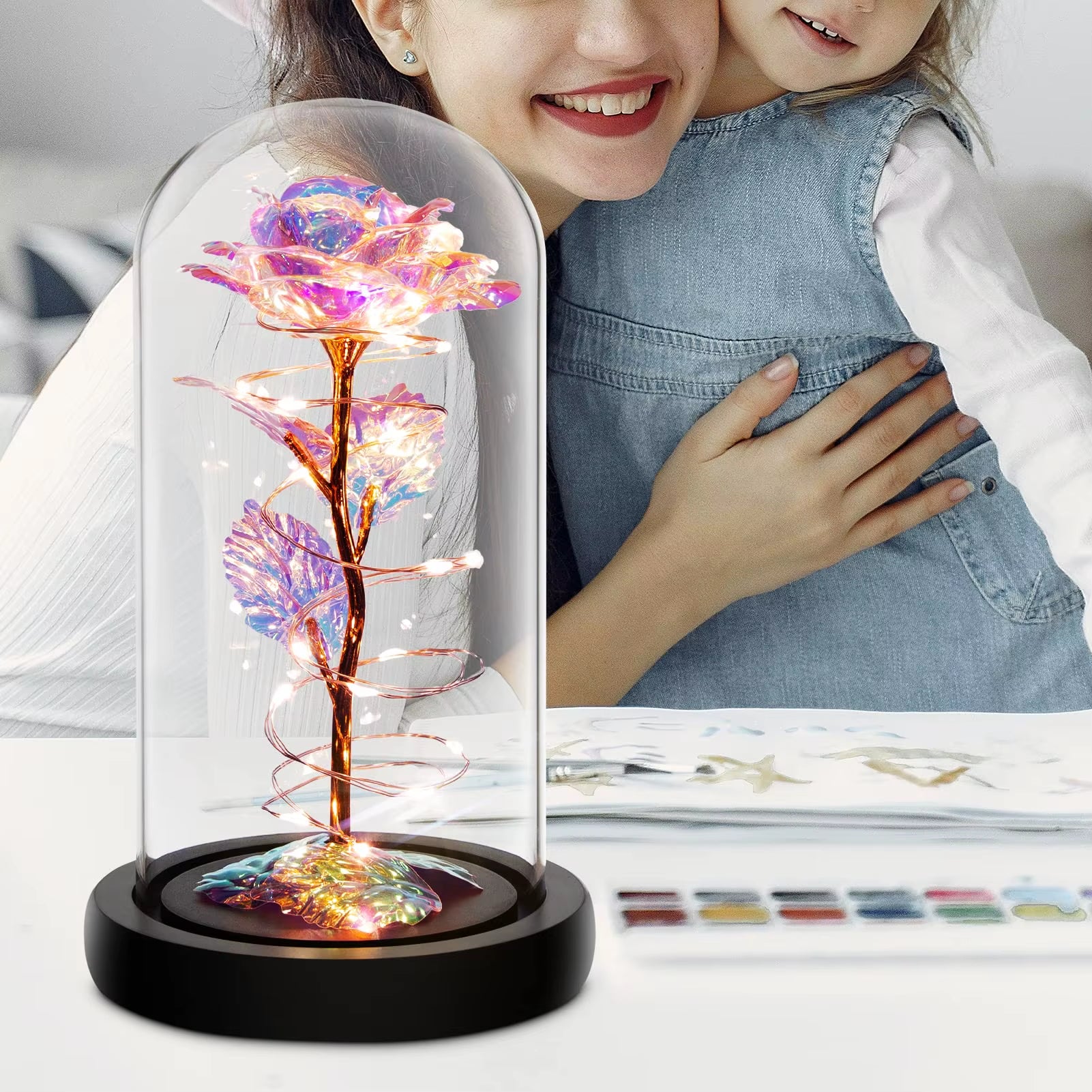 Rose Flower Colorful Rainbow Artificial Flower Rose Light up Rose in a Glass Dome Gifts for Women Birthday Valentines Anniversar