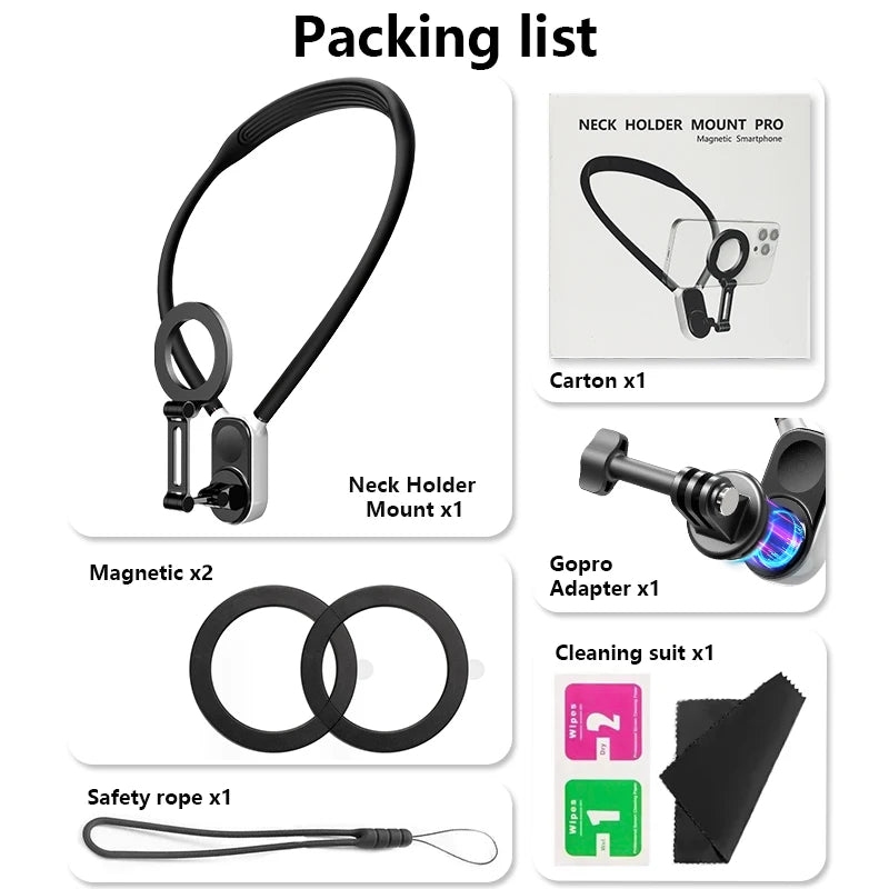 Magnetic Neck Holder Mount Necklace – Hands-Free POV for iPhone 11-15 & Android. Secure, Convenient, and Perfect for On-the-Go Content Creation.