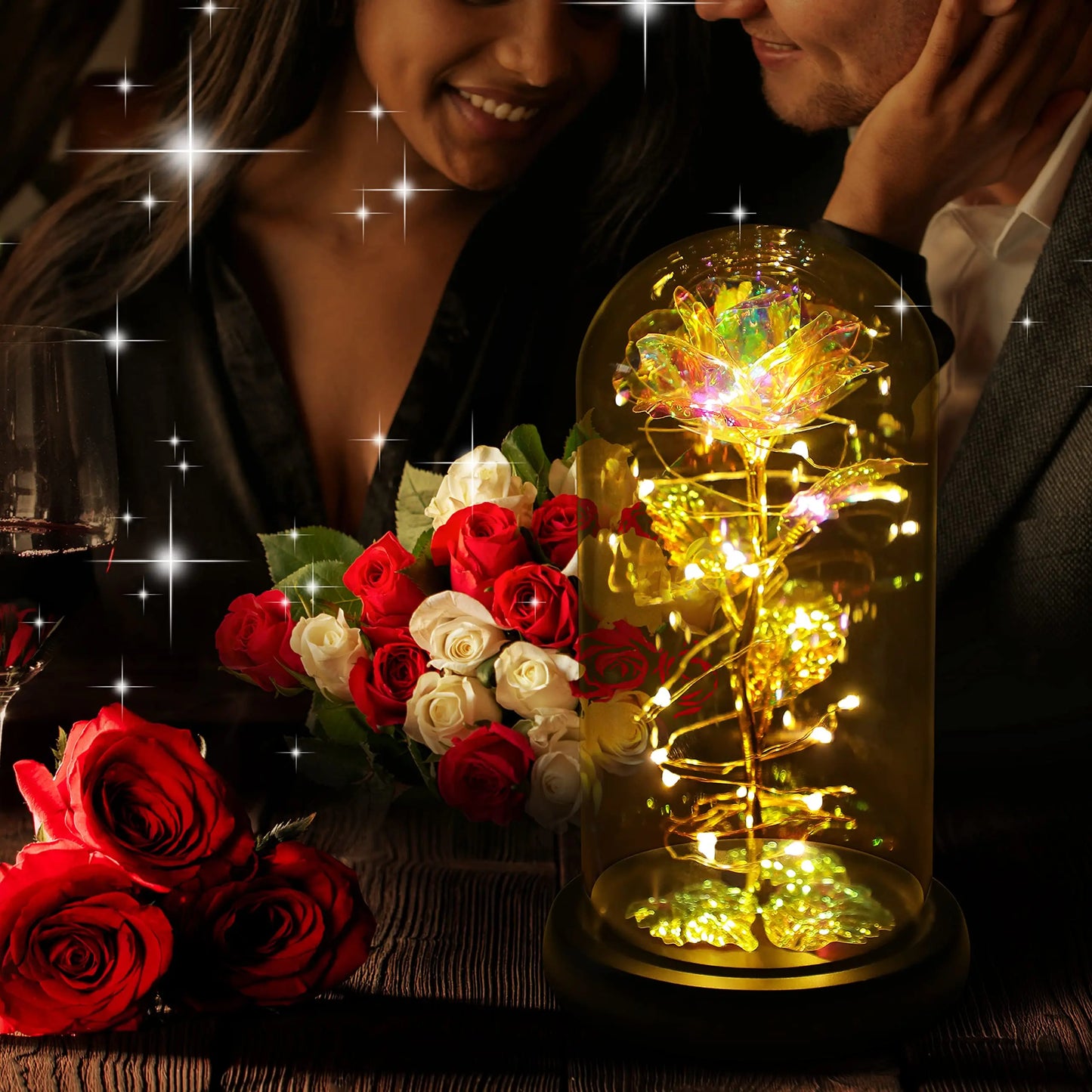 Rose Flower Colorful Rainbow Artificial Flower Rose Light up Rose in a Glass Dome Gifts for Women Birthday Valentines Anniversar