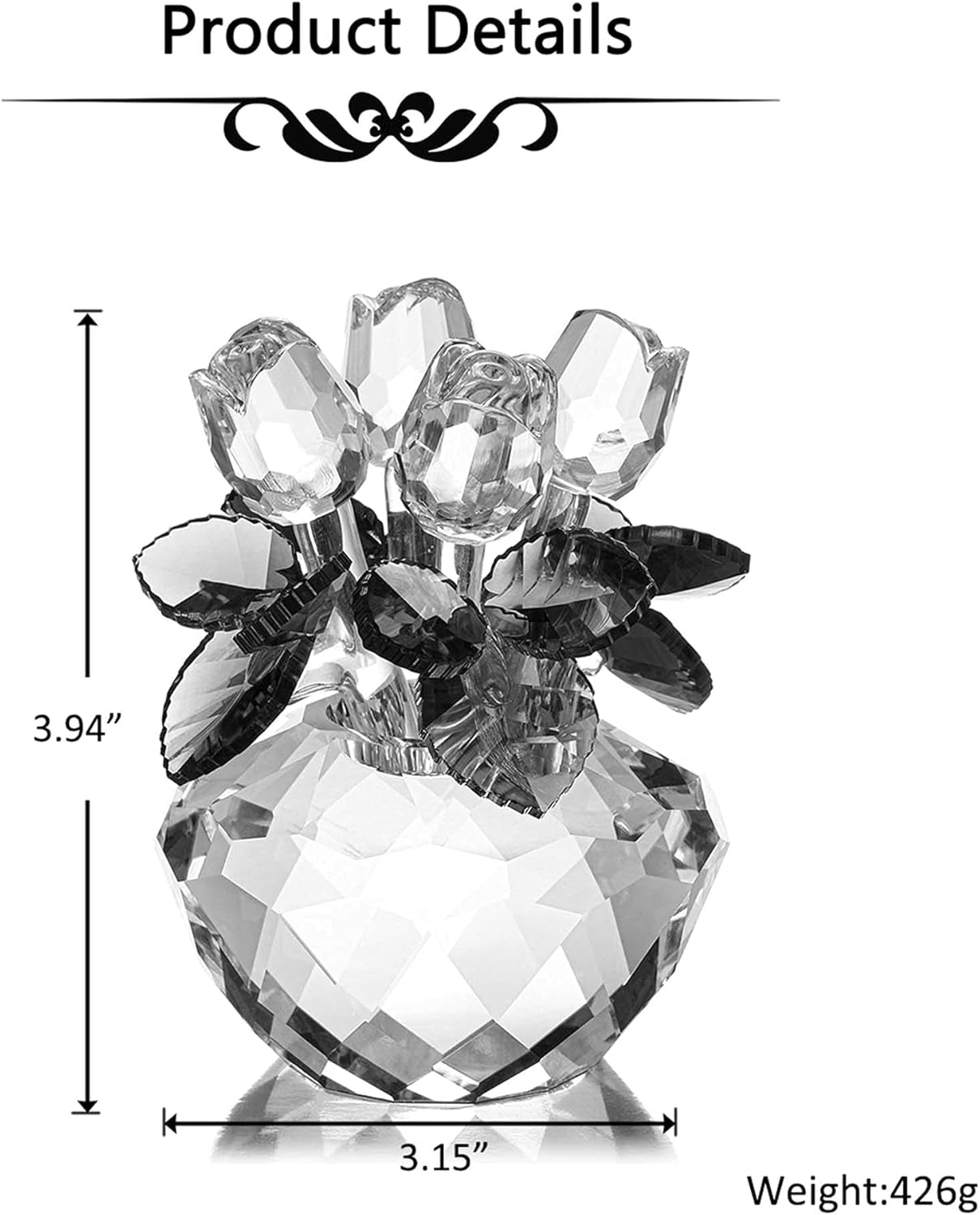 Crystal Rose Flower Figurine Valentines Day Gift for Her Blue Crystal Rose Bouquet Glass Ornament for Home Desk Decor Christmas Birthday Gift Collectible