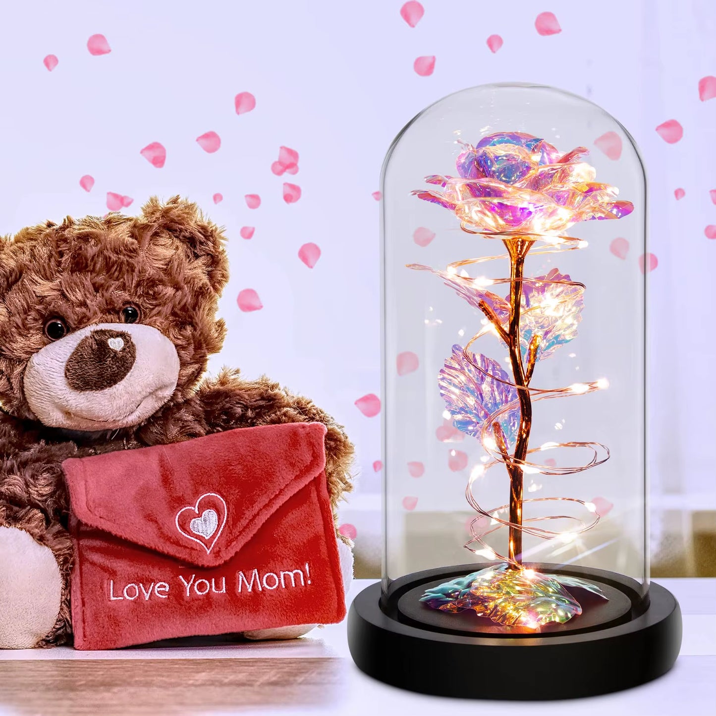 Rose Flower Colorful Rainbow Artificial Flower Rose Light up Rose in a Glass Dome Gifts for Women Birthday Valentines Anniversar