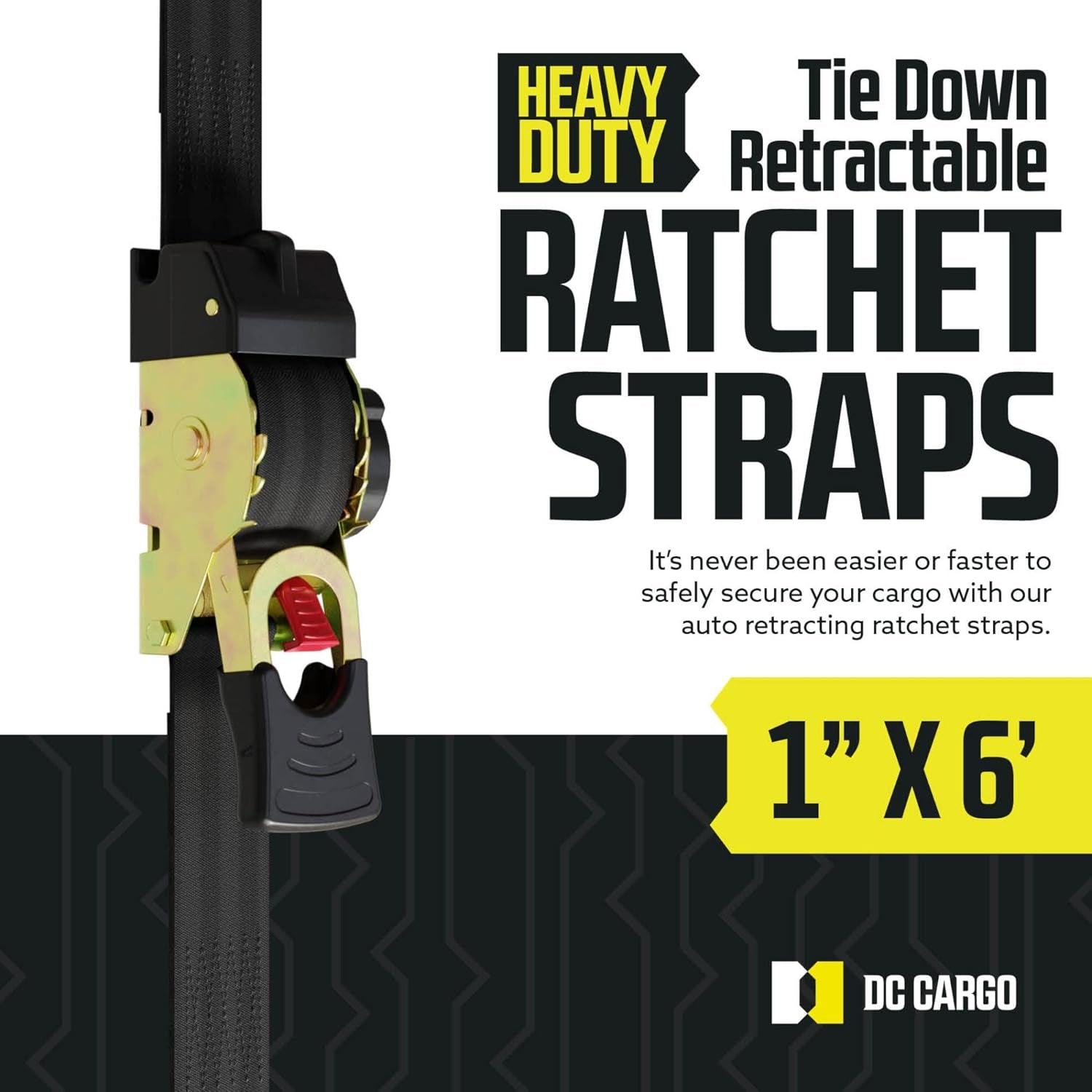 DC Cargo - Retractable Ratchet Strap, 4 Pack (1 Inch X 6 Feet) - Heavy Duty Tie down Retractable Ratchet Straps - Easy Self Contained Black Ratchet Strap Tie Downs for Trailers, Vehicles, Boat