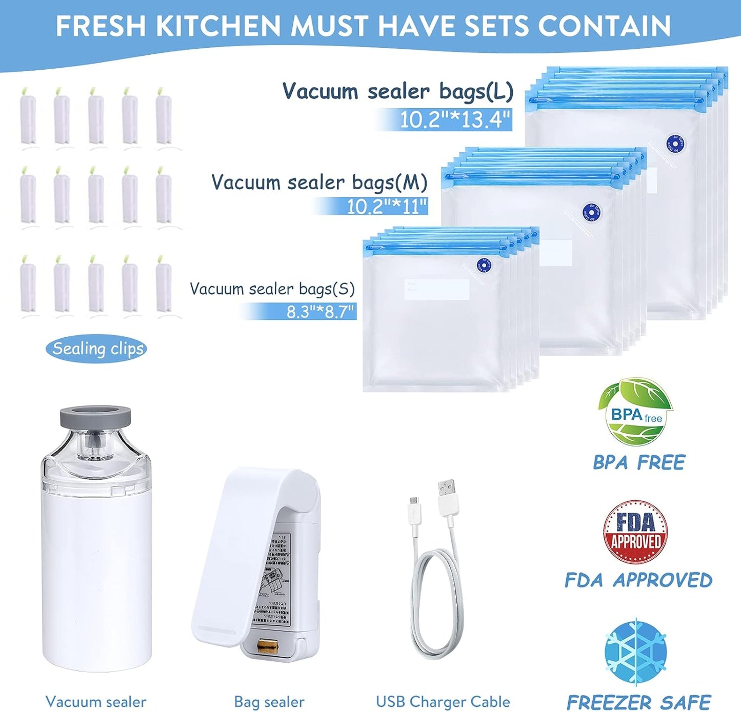 Handheld Vacuum Sealer,Sous Vide Bags(15 Pcs Reusable) and Mini Heat Bag Sealer.Start Kit Sets.