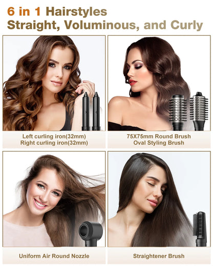 6 in 1 Hair Styler, Hair Dryer Brush with 110,000 RPM, Ionic Hot Air Brush Set, Blow Dryer Brush, High-Speed Hair Dryer Volumizing and Shape, Silver