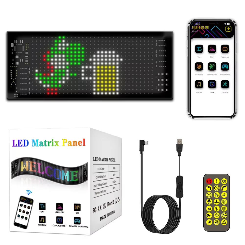 RGB LED Car Sign – Programmable Animation LED Matrix Panel with Bluetooth App Control. Flexible