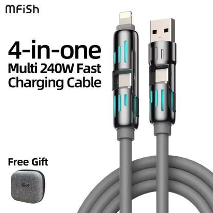 Usb、Type C, Lightning-Max 240W Fast Charging and Data Sync  4-In-1 Multi-Function USB Charging Cable for Iphone 16/15, Ipad