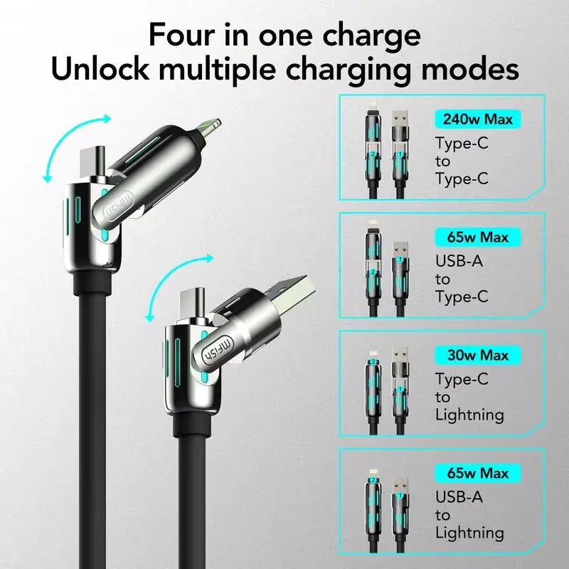 Usb、Type C, Lightning-Max 240W Fast Charging and Data Sync  4-In-1 Multi-Function USB Charging Cable for Iphone 16/15, Ipad