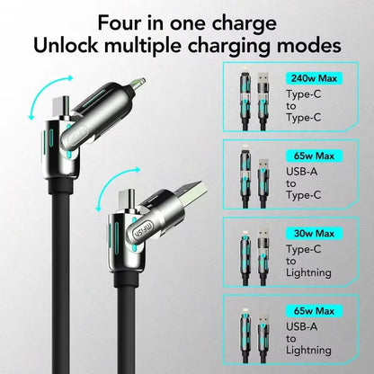 Usb、Type C, Lightning-Max 240W Fast Charging and Data Sync  4-In-1 Multi-Function USB Charging Cable for Iphone 16/15, Ipad