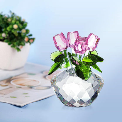 Crystal Rose Flower for Mom Pink Crystal Rose Bouquet Glass Ornament for Home Desk Decor Christmas Birthday Gift Collectible