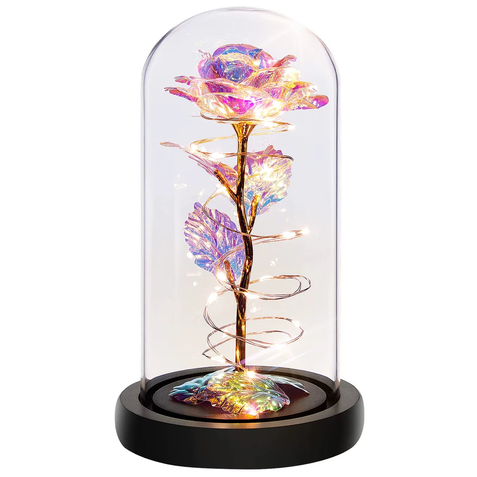 Rose Flower Colorful Rainbow Artificial Flower Rose Light up Rose in a Glass Dome Gifts for Women Birthday Valentines Anniversar