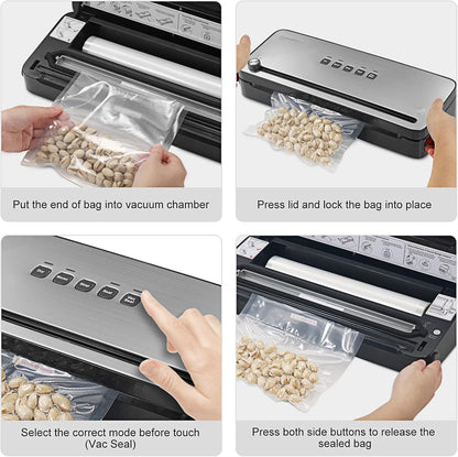 Vacuum Packing Machine for Foods, Vacuum Sealer with Built-In Cutter for Both Wet and Dry Foods, Vacuum Roll Bags Included