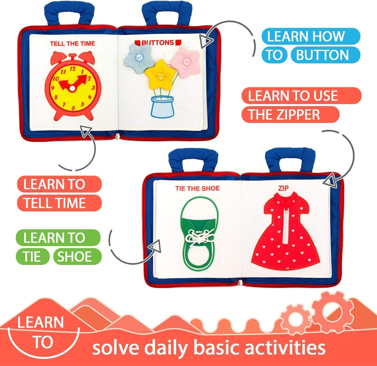 Activity Book for Toddlers with 9 Learning Activities - Travel Quiet Book for Kids- Montessori Sensory Book with Life Skills Learning Pages - Toy Book with Carrying Handles