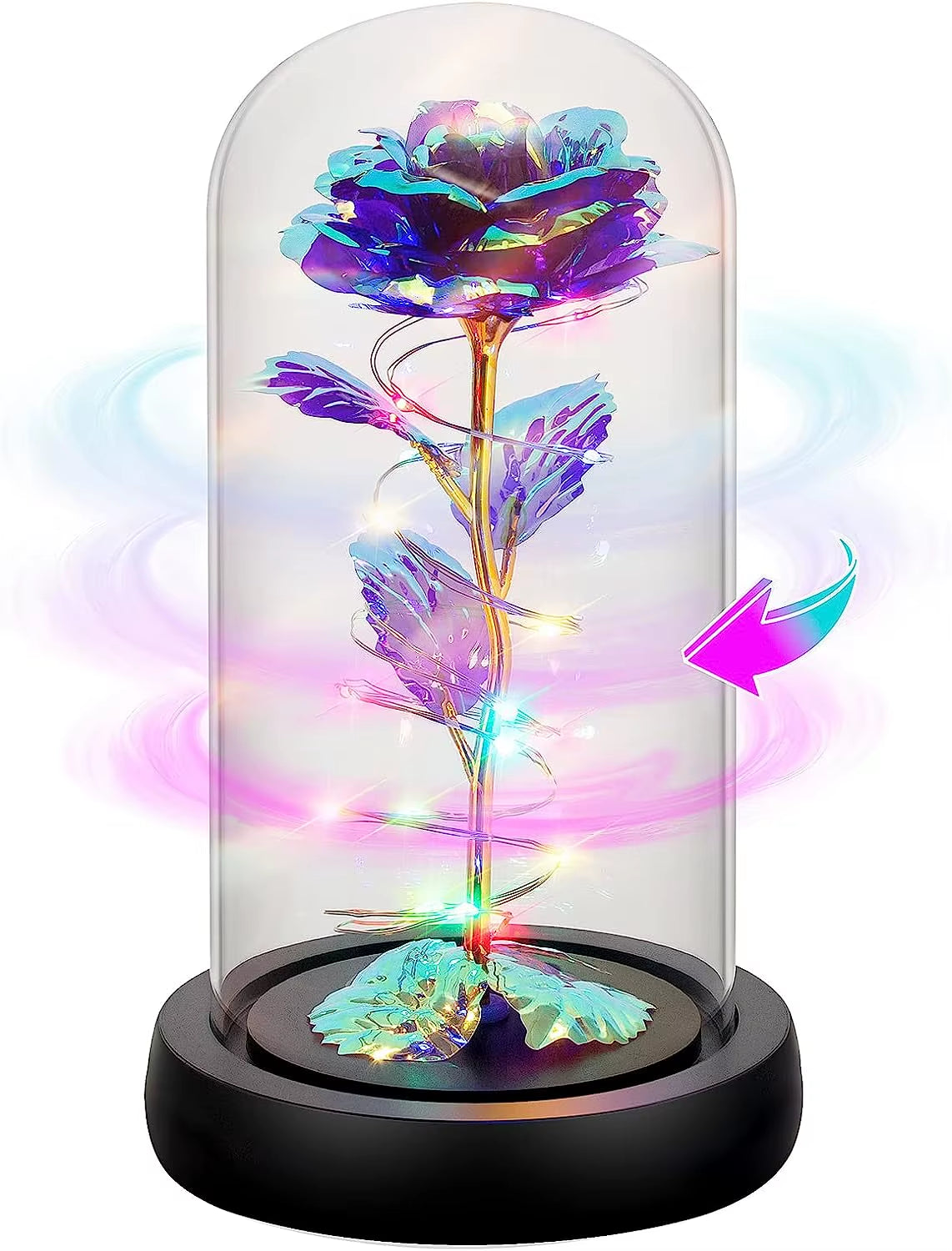 Rose Flower Colorful Rainbow Artificial Flower Rose Light up Rose in a Glass Dome Gifts for Women Birthday Valentines Anniversar